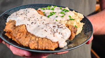 Chicken Fried Venison with Garlic Smashed Potatoes and Cracked Pepper Gravy