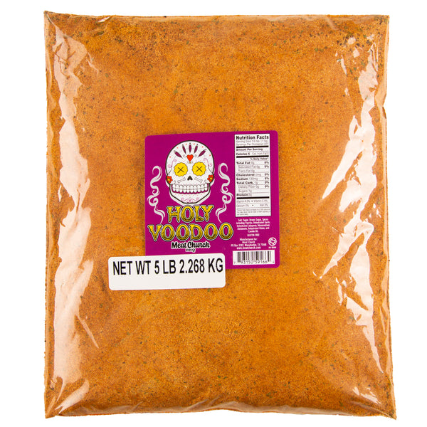 Alt text: "A 5-pound bulk bag of 'Holy Voodoo' seasoning by Meat Church, featuring a brightly colored label with a skull design and nutritional facts visible on the front, set against a textured spice content background."